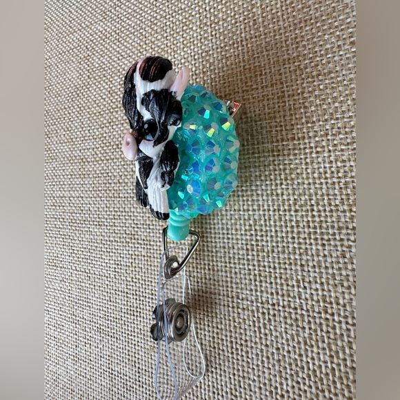 Cute Black & White Cow Badge Reel Card Holder with Teal Accent - Picture 2 of 5